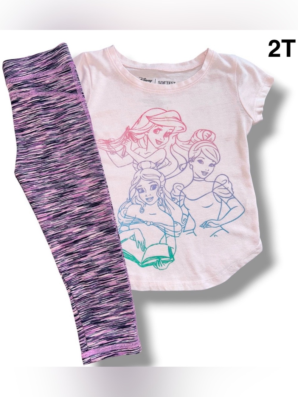 Disney Princess Tee and Purple-Pink Space Dye Leggings Outfit Size 2T